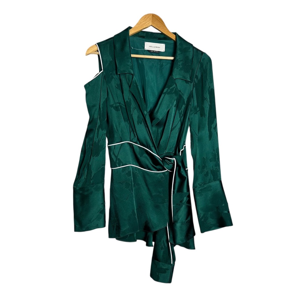 Hellessy‎ 2 Long Sleeve Blouse green satin jacquard floral tie sleeves luxury